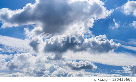 秋の青空に、2層になって流れるたくさんの白い雲 120439666