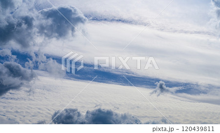 秋の青空に、2層になって流れるたくさんの白い雲 120439811