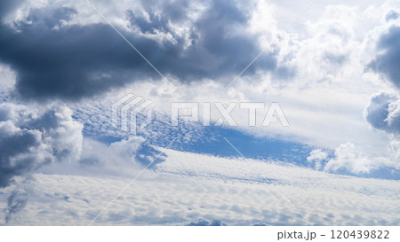 秋の青空に、2層になって流れるたくさんの白い雲 120439822