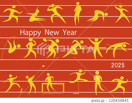 陸上競技のアイコンを背景にした2025年の年賀状素材です。 120439845