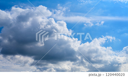 秋の青空に、2層になって流れるたくさんの白い雲 秋の青空に、2層になって流れるたくさんの白い雲 120440020