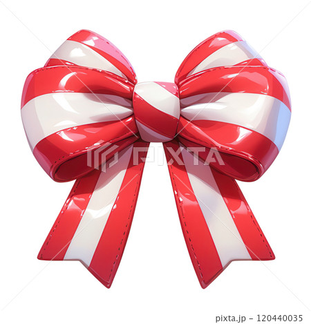 A vibrant red and white candy cane striped bow with a glossy finish, perfect for festive holiday decorations and gifts. 120440035