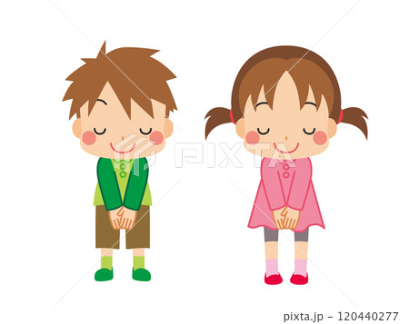 お辞儀をしている可愛い小さな男の子と女の子のイラスト セット 白背景 ベクター クリップアート お辞儀をしている可愛い小さな男の子と女の子のイラスト セット 白背景 ベクター クリップアート 120440277