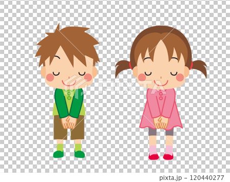 お辞儀をしている可愛い小さな男の子と女の子のイラスト セット 白背景 ベクター クリップアート お辞儀をしている可愛い小さな男の子と女の子のイラスト セット 白背景 ベクター クリップアート 120440277