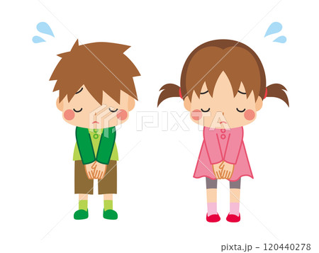 謝罪する可愛い小さな男の子と女の子のイラスト　セット　白背景　ベクター　クリップアート 120440278