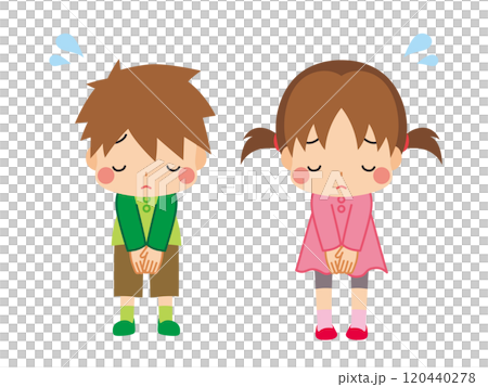 謝罪する可愛い小さな男の子と女の子のイラスト　セット　白背景　ベクター　クリップアート 120440278