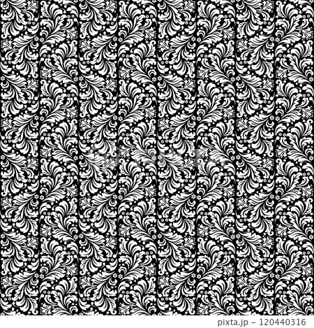 Flower pattern. Seamless white and black ornament. Graphic vector background. 120440316