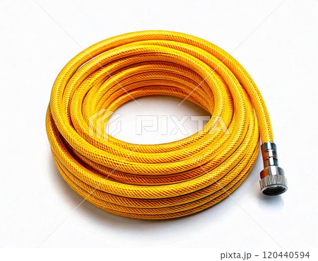 A vibrant yellow garden hose coiled neatly for easy storage and use in outdoor chores. 120440594