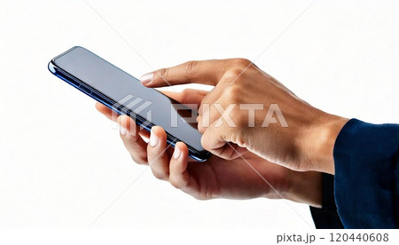 Close up of a hand using a smartphone for business communication and applications. 120440608