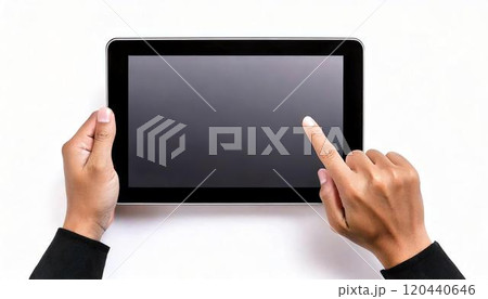 Person using a tablet device with a blank screen for apps and information. Person using a tablet device with a blank screen for apps and information. 120440646