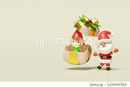 3d little elves in open gift box with santa claus isolated on beige background. merry christmas, festive new year holiday concept, 3d render illustration 120440764