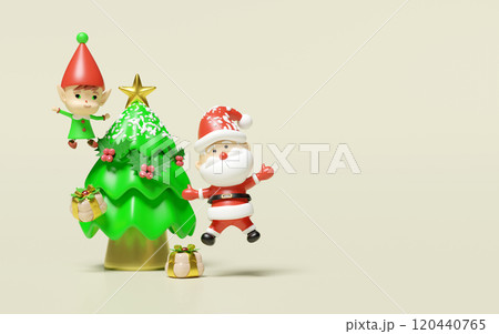 3d santa claus with christmas tree, little elves, gift box isolated on beige background. merry christmas, festive new year holiday concept, 3d render illustration 120440765