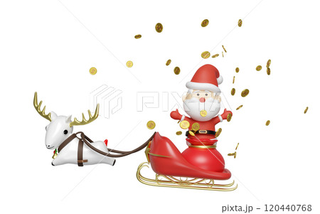 3d Santa Claus giving out money with sleigh, reindeer, gold coin, bag isolated. merry christmas, festive New Year concept, 3d render illustration 3d Santa Claus giving out money with sleigh, reindeer, gold coin, bag isolated. merry christmas, festive New Year concept, 3d render illustration 120440768