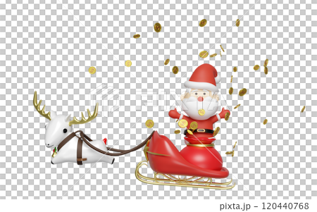 3d Santa Claus giving out money with sleigh, reindeer, gold coin, bag isolated. merry christmas, festive New Year concept, 3d render illustration 3d Santa Claus giving out money with sleigh, reindeer, gold coin, bag isolated. merry christmas, festive New Year concept, 3d render illustration 120440768