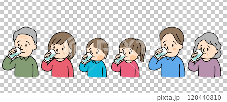 Three-generation family drinking water from a cup 120440810