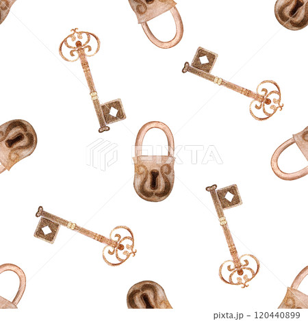 Antique lock with beautiful key watercolor seamless pattern isolated on white. Hand painted illustration perfect for wrapping paper, textile, cards, banners, posters, stationary decor. Vintage clipart 120440899