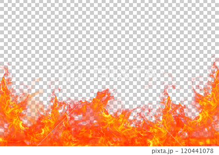 Translucent fire flames and sparks with horizontal repetition on transparent background. For used on dark illustrations. 120441078