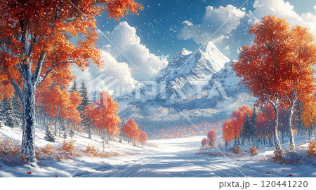雪と紅葉の幻想的な冬景色 - アニメ風イラストのイラスト素材