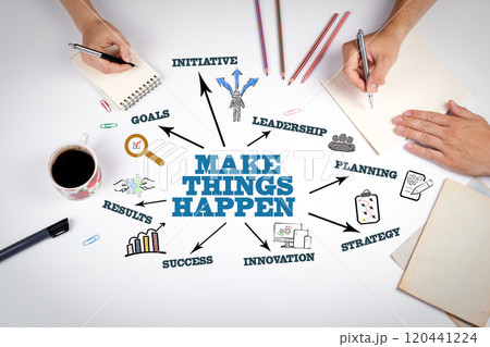 MAKE THINGS HAPPEN Concept. The meeting at the white office table 120441224