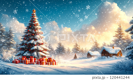 雪降るクリスマスツリーとプレゼント　イラスト 120441244
