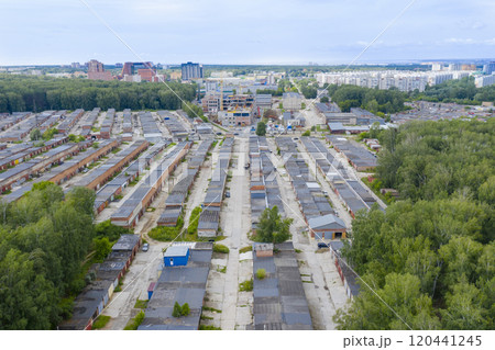 Aerial view of the outfits of car garages in the suburbs of Novosibirsk, Russia 120441245