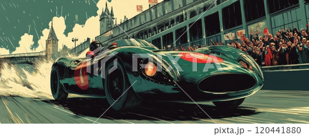 Vintage green and red racing car speeding down the track with motion blur in a historic city setting 120441880