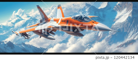 F-20 fighter jet soaring over the snowy mountain peaks with dynamic orange and white paintwork, under a vibrant blue sky lined with fluffy clouds, representing speed, precision, and advanced F-20 fighter jet soaring over the snowy mountain peaks with dynamic orange and white paintwork, under a vibrant blue sky lined with fluffy clouds, representing speed, precision, and advanced 120442134