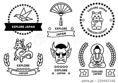 A set of different badges in concept of Explore Japan A set of different badges in concept of Explore Japan 120442148
