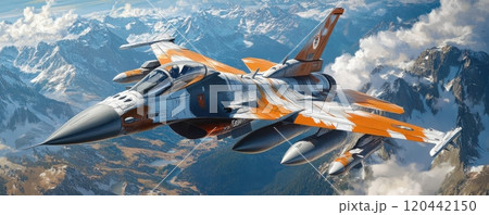 F-20 fighter jet in vibrant color scheme soaring over vast mountain range on a clear day 120442150