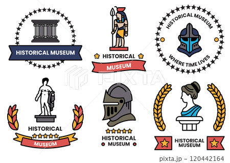 A set of different historical museum badges 120442164