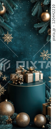 Elegant holiday display with gold and teal festive decorations on a dark teal podium featuring gift boxes and ornaments 120442210