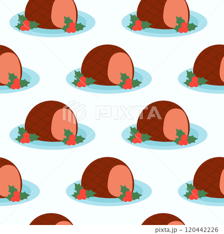 Seamless Pattern. Ham on plate with mistletoe. Christmas Food element. Winter holidays Dish. Vector flat illustration. Seamless Pattern. Ham on plate with mistletoe. Christmas Food element. Winter holidays Dish. Vector flat illustration. 120442226