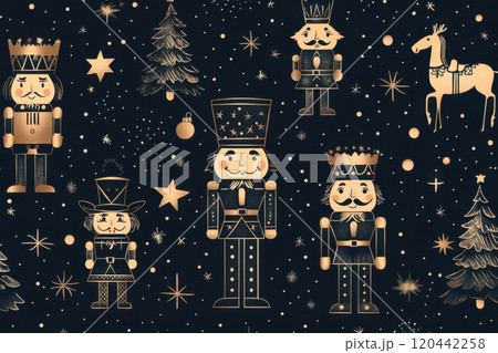 Elegant holiday illustration featuring gold line art of nutcracker figures, pine trees, reindeer, snowflakes, and stars on a dark blue background 120442258