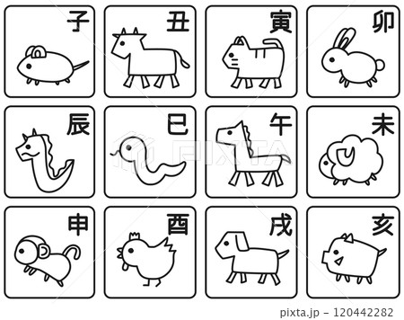 シンプルでゆるい十二支のイラストのセット　 120442282