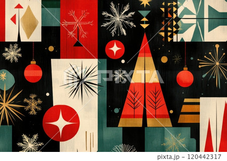 Retro Christmas pattern with geometric shapes in mid-century style featuring festive colors and holiday symbols 120442317