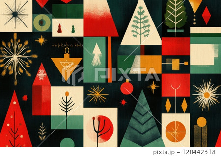 Mid-century modern Christmas pattern with geometric shapes and festive colors 120442318
