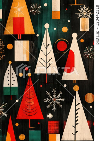 Mid-century inspired Christmas pattern with stylized Christmas trees, presents, and geometric shapes on a festive background 120442319