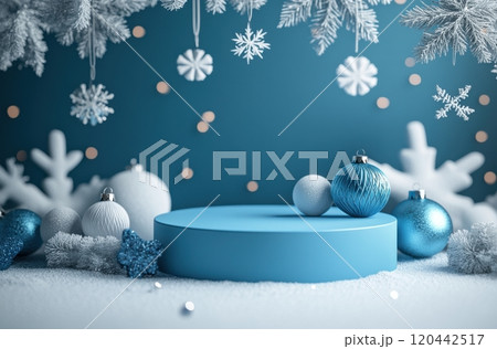 3D render of a blue podium decorated with snowflakes and Christmas elements in a winter wonderland scene 3D render of a blue podium decorated with snowflakes and Christmas elements in a winter wonderland scene 120442517