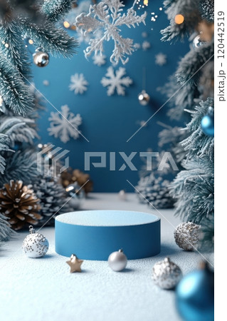 Elegant 3D render of a blue podium with Christmas ornaments and snowflakes creating a festive holiday atmosphere 120442519