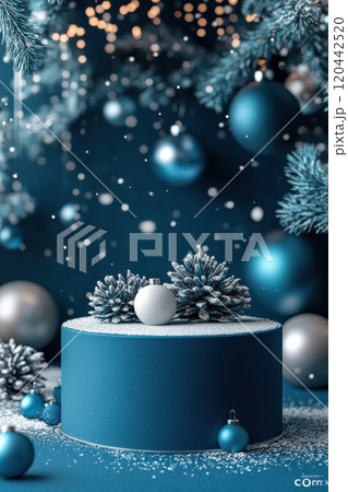 Festive 3D render of a blue podium with snowflakes and Christmas ornaments in a snowy winter wonderland 120442520