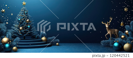 Elegant 3D Christmas scene with golden reindeer, decorated Christmas trees, and sparkling ornaments in a serene, festive setting 120442521