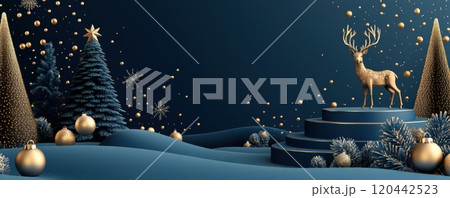 Elegant Christmas scene with gold deer, festive ornaments, and fir tree set on luxurious blue podiums 120442523