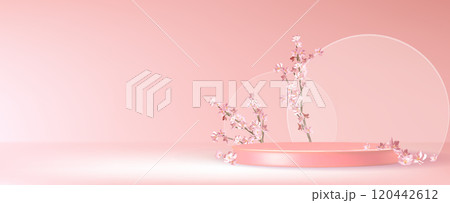 Pink display podium with delicate sakura blossoms 120442612