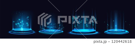 Futuristic hologram platforms with blue neon light Futuristic hologram platforms with blue neon light 120442618