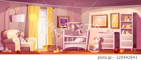 Cozy beige newborn nursery room interior Cozy beige newborn nursery room interior 120442641