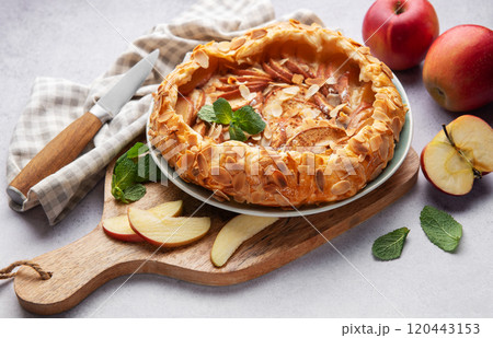 Delicious homemade apple galette with almond flakes and fresh mint on rustic background 120443153