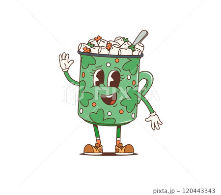 Cartoon retro groovy coffee character with marshmallow, saint patrick day holiday drink or beverage personage. Isolated vector green friendly cup with cocoa or chocolate for Irish holiday celebration Cartoon retro groovy coffee character with marshmallow, saint patrick day holiday drink or beverage personage. Isolated vector green friendly cup with cocoa or chocolate for Irish holiday celebration 120443343