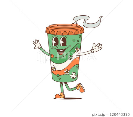 Cartoon retro groovy coffee character, saint patrick day holiday personage. Isolated vector green disposable cup with Irish flag and pattern with clovers and flowers, cheerful face and funky vibes 120443350