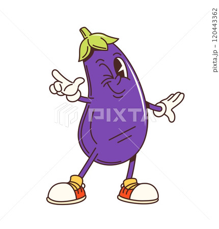 Groovy eggplant character or retro cartoon vegetable with funny face, vector comic. Groovy funky eggplant winking with cheerful smile and freaky emotion for vegetable food emoji or cartoon character 120443362