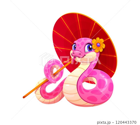 Cute cartoon pink snake character holding a red parasol. 2025 Chinese lunar year symbol. Reptile animal snake with a flower on its head, large blue eyes, tongue and gentle smile lying in elegant pose 120443370